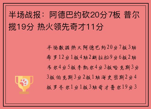 半场战报：阿德巴约砍20分7板 普尔揽19分 热火领先奇才11分