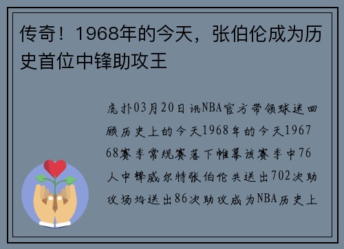 传奇！1968年的今天，张伯伦成为历史首位中锋助攻王
