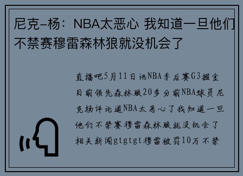尼克-杨：NBA太恶心 我知道一旦他们不禁赛穆雷森林狼就没机会了
