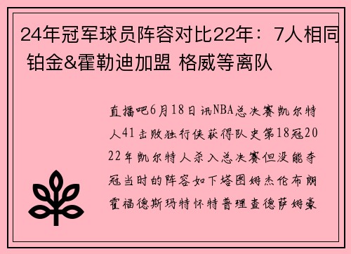 24年冠军球员阵容对比22年：7人相同 铂金&霍勒迪加盟 格威等离队